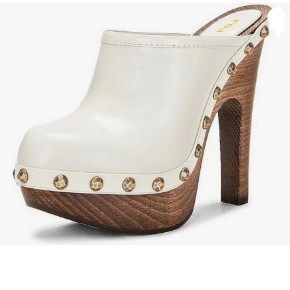 FSJ White Round Toe Mules Wooden Block High Heel Clogs Slip On Studded Sandals